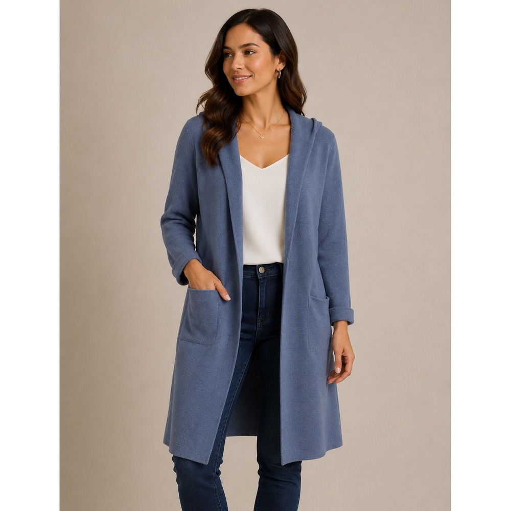 Pinch Hooded‎ Cardigan Coat Women M/L Blue Open Front Pocket Longline Sweater